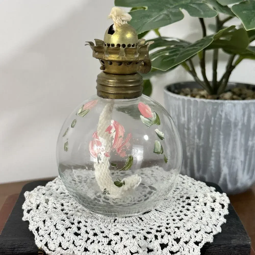 Vintage T.M. Co. NY Miniature Oil Lamp Clear Glass Hand Painted Floral Brass